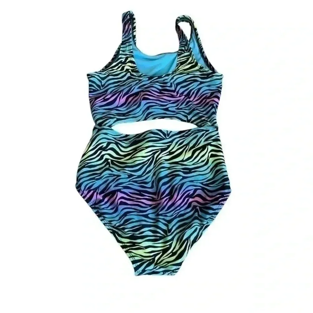 Art Class Zebra Multicolor One-Piece Girls Swimming Suit SZ L (10/12) # 1315